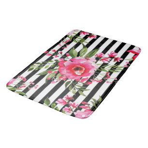 Vintage Black And White Stripes And pink flowers Bath Mat