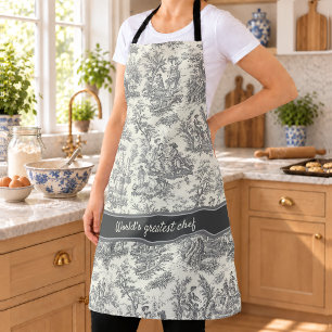 Vintage black and white toile de jouy printed apron