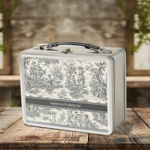 Vintage black and white toile de jouy printed metal lunch box