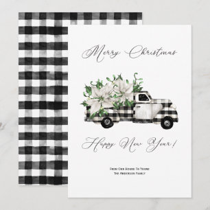 Vintage Black and White Truck Poinsettia Christmas Holiday Card