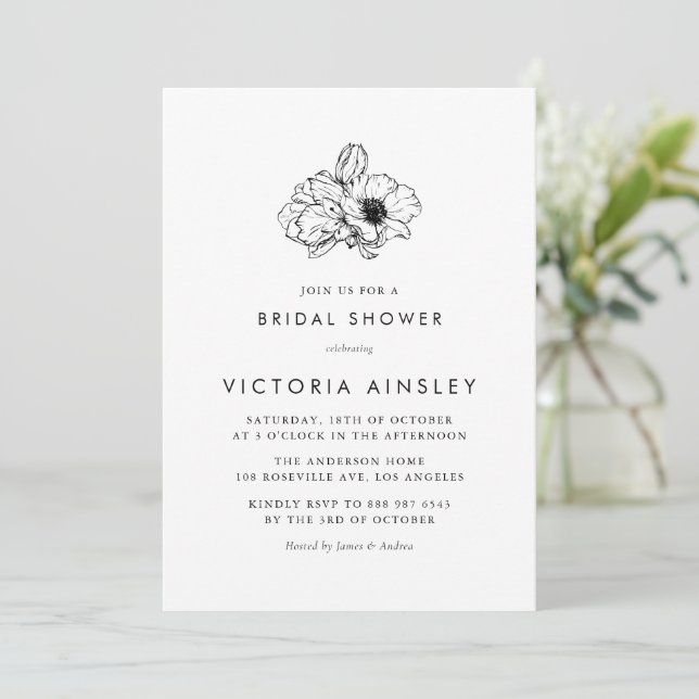 Vintage Black Anemone Floral Bridal Shower Invitation (Standing Front)