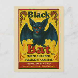 Vintage Black Bat Firecracker Label Halloween Postcard
