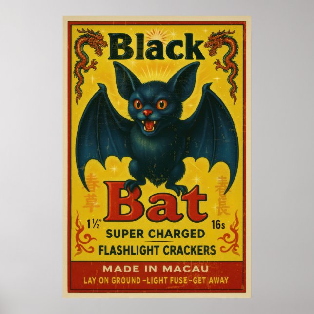 Vintage Black Bat Firecracker Label Poster (Front)