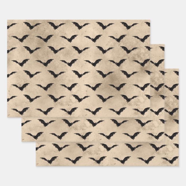 Vintage Black Bats Halloween Wrapping Paper Sheet (Set)