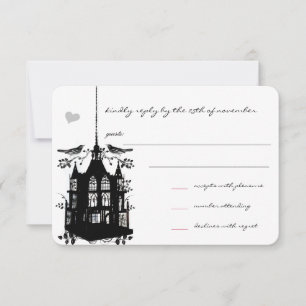 Vintage Black Bird Cage Pink Accent Wedding RSVP Card