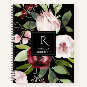 VINTAGE BLACK BLUSH PINK BURGUNDY PROTEA FLORAL NOTEBOOK