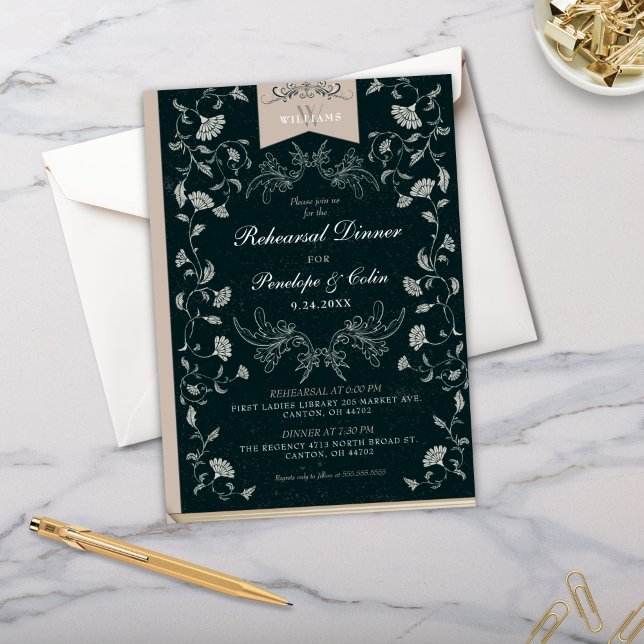 Vintage Black Book Cover Wedding Rehearsal Dinner Invitation (Vintage Elegant Black and Tan Victorian Wedding Rehearsal Dinner Invitations for Library Chic)
