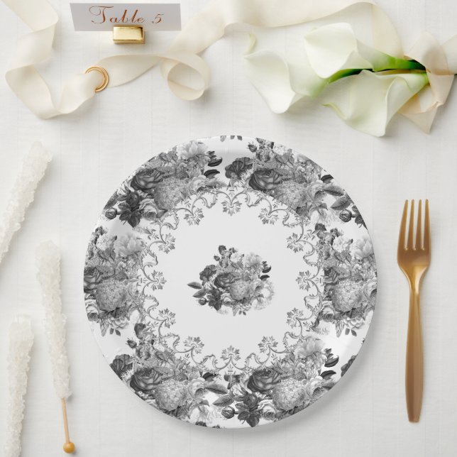 Vintage Black Botanical Wedding / Anniversary  Paper Plate (Wedding)