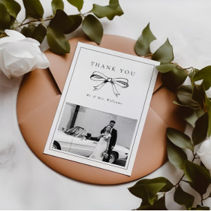 Vintage Black Bow Mr. & Mrs. Photo Flat Wedding Thank You Card