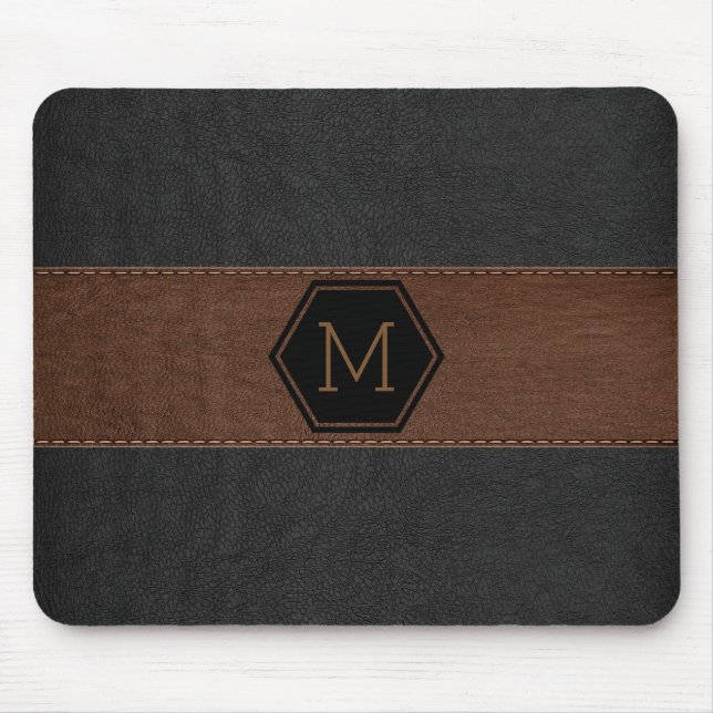 Vintage Black & Brown Leather Print Monogram Mouse Mat (Front)