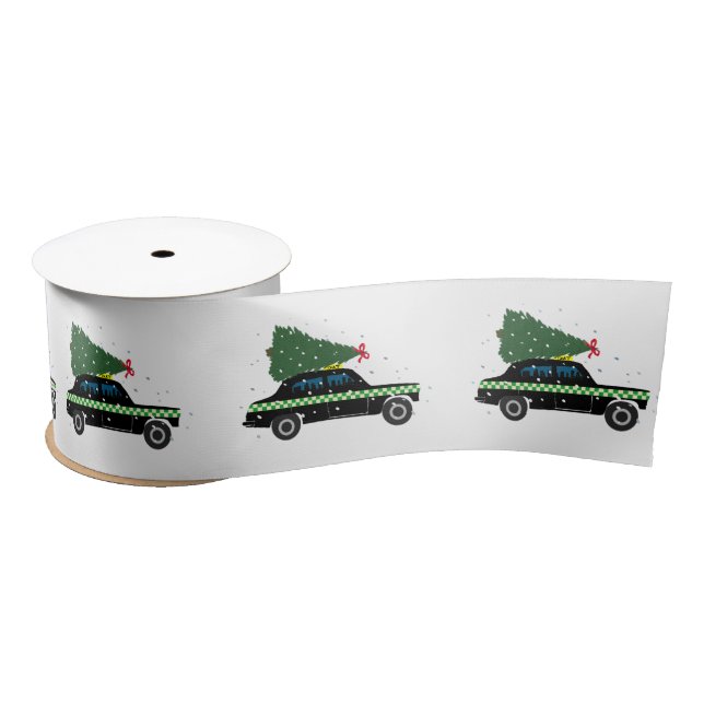 Vintage Black Cab Taxi Christmas Pattern   Satin Ribbon (Spool)