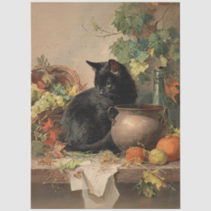 Vintage Black Cat Amid Autumn Fruits Decoupage Tissue Paper
