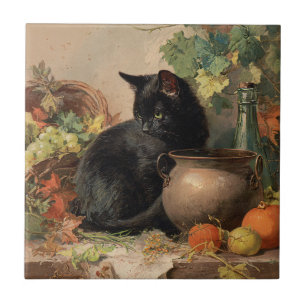 Vintage Black Cat Amid Autumn Fruits Tile