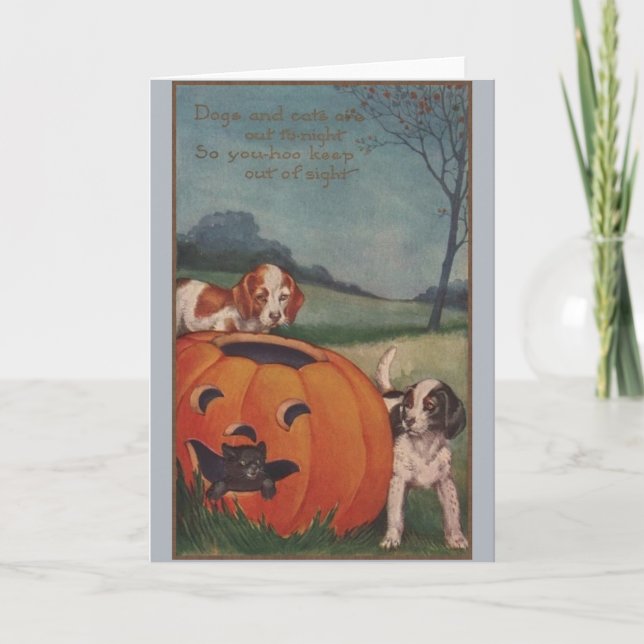 Vintage Black Cat and Beagles Halloween Card (Front)