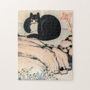 Vintage Black Cat and Narcissus by Zhu Ling   Jigsaw Puzzle