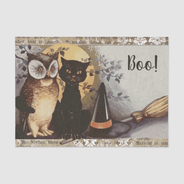 Vintage Black Cat and Owl Halloween Tissue Paper (Front)