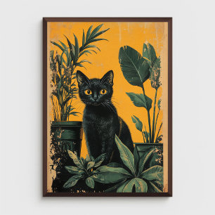 Vintage Black Cat and Potted Plants Poster