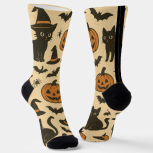 Vintage Black Cat and Pumpkin Halloween Socks