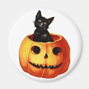 Vintage Black Cat and Pumpkin Round Magnet