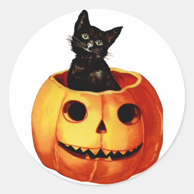 Vintage Black Cat and Pumpkin Sticker (Front)