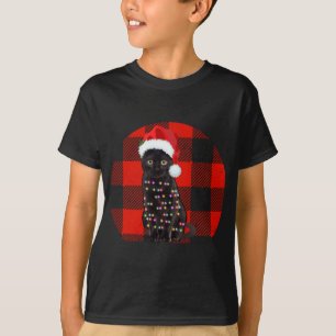 Vintage Black Cat Christmas lights plaid Cat Lover T-Shirt