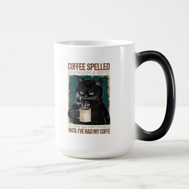 Vintage Black Cat Coffee Spelled Backwards Magic Mug (Right)