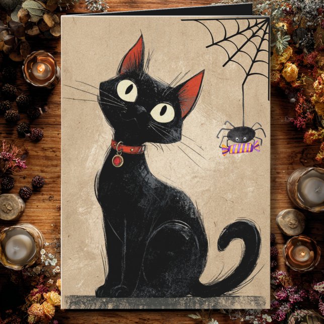 Vintage Black Cat Cute Spider Gothic Halloween Card (Creator Uploaded)
