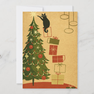 Vintage Black Cat Decorating Christmas Tree Holiday Card
