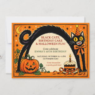 Vintage Black Cat Halloween Birthday Invitation