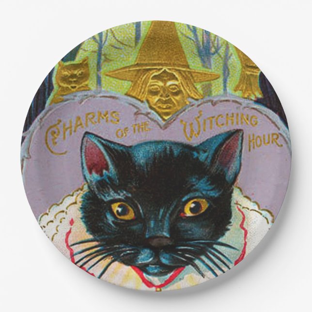 vintage black cat Halloween party Paper Plate (Front)