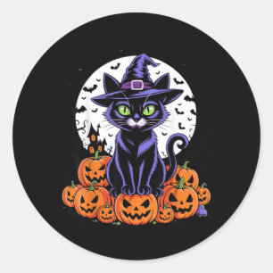 Vintage Black Cat Halloween Spooky Pumpkins Flying Classic Round Sticker