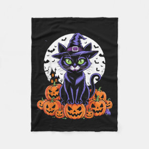 Vintage Black Cat Halloween Spooky Pumpkins Flying Fleece Blanket