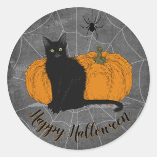 Vintage Black Cat Happy Halloween Classic Round Sticker
