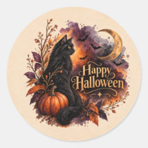 Vintage Black Cat Happy Halloween Watercolor Round