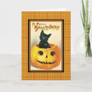 Vintage Black Cat in Pumpkin Merry Halloween Card