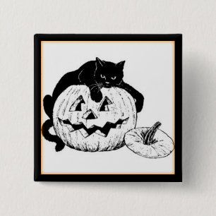 Vintage Black Cat & Jack O' Lantern Halloween 15 Cm Square Badge