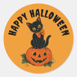 Vintage Black Cat Jack-O'-Lantern Happy Halloween Classic Round Sticker