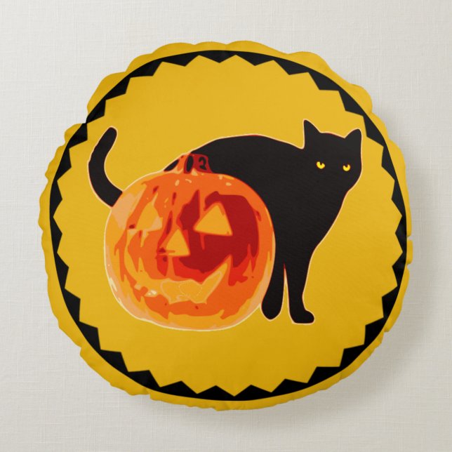 Vintage Black Cat & Jack-O'-Lantern Round Cushion (Front)