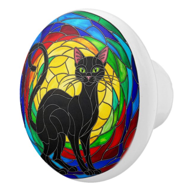 Vintage Black Cat Knob, colourful mosaic Ceramic Knob (Right)
