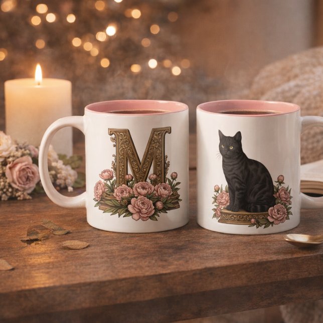 Vintage Black Cat Monogram Mug (Vintage Black Cat Monogram Mug)