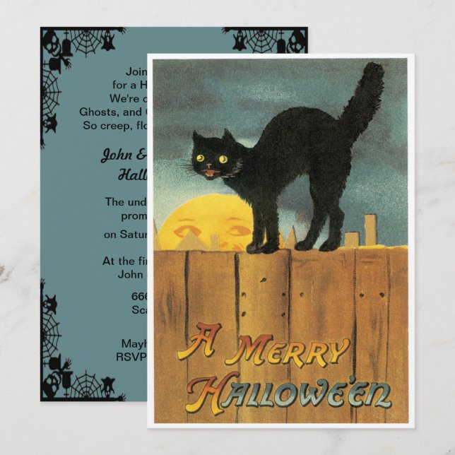 Vintage Black Cat On A Fence Halloween Invitation (Front/Back)