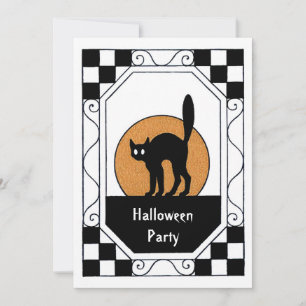 Vintage Black Cat Orange Moon Halloween Party Invitation