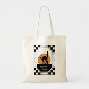 Vintage Black Cat Orange Moon Halloween Treats Tote Bag