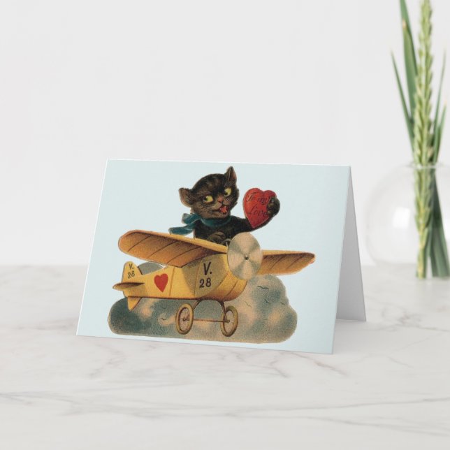 Vintage Black Cat Pilot Valentine's Day Card (Front)