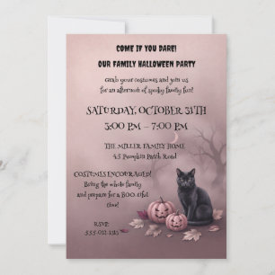 Vintage Black Cat & Pink Pumpkins Halloween Party Invitation