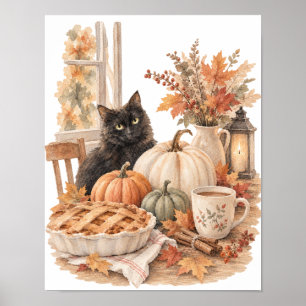 Vintage Black Cat Pumpkin Halloween Art Poster