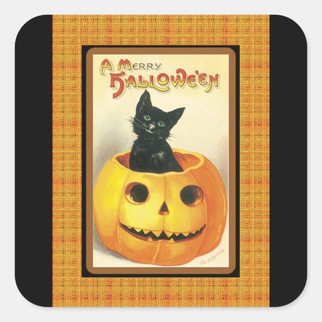 Vintage Black Cat Pumpkin Halloween Sticker (Front)