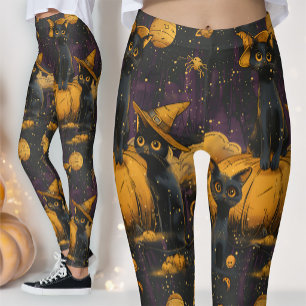 Vintage Black Cat & Pumpkin Mid-Century Spooky Leggings
