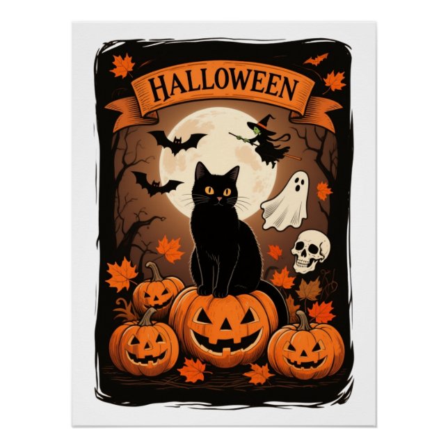 Vintage Black Cat Pumpkin Spooky Halloween Party Poster (Front)