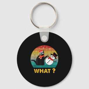 Vintage Black Cat Pushing Snowman Christmas Winter Key Ring